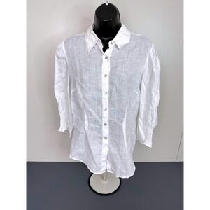 David N Shirt Womens Medium White 100% Linen Smocked Back Puff Sleeve Button Up
